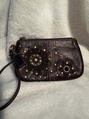 Coach Dark Brown Leather Studded Wristlet with Brass Accents
